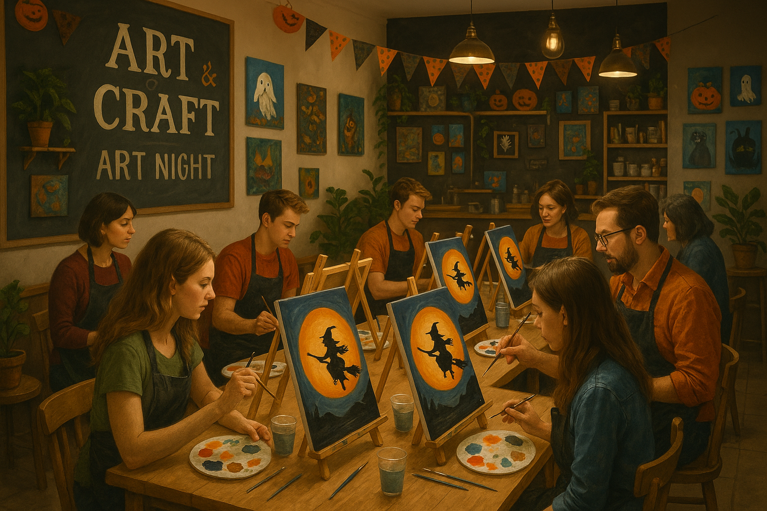 An art and craft cafe hosting a themed art night with participants engaged in painting. Alt: Participants enjoying a themed art night at an art cafe.