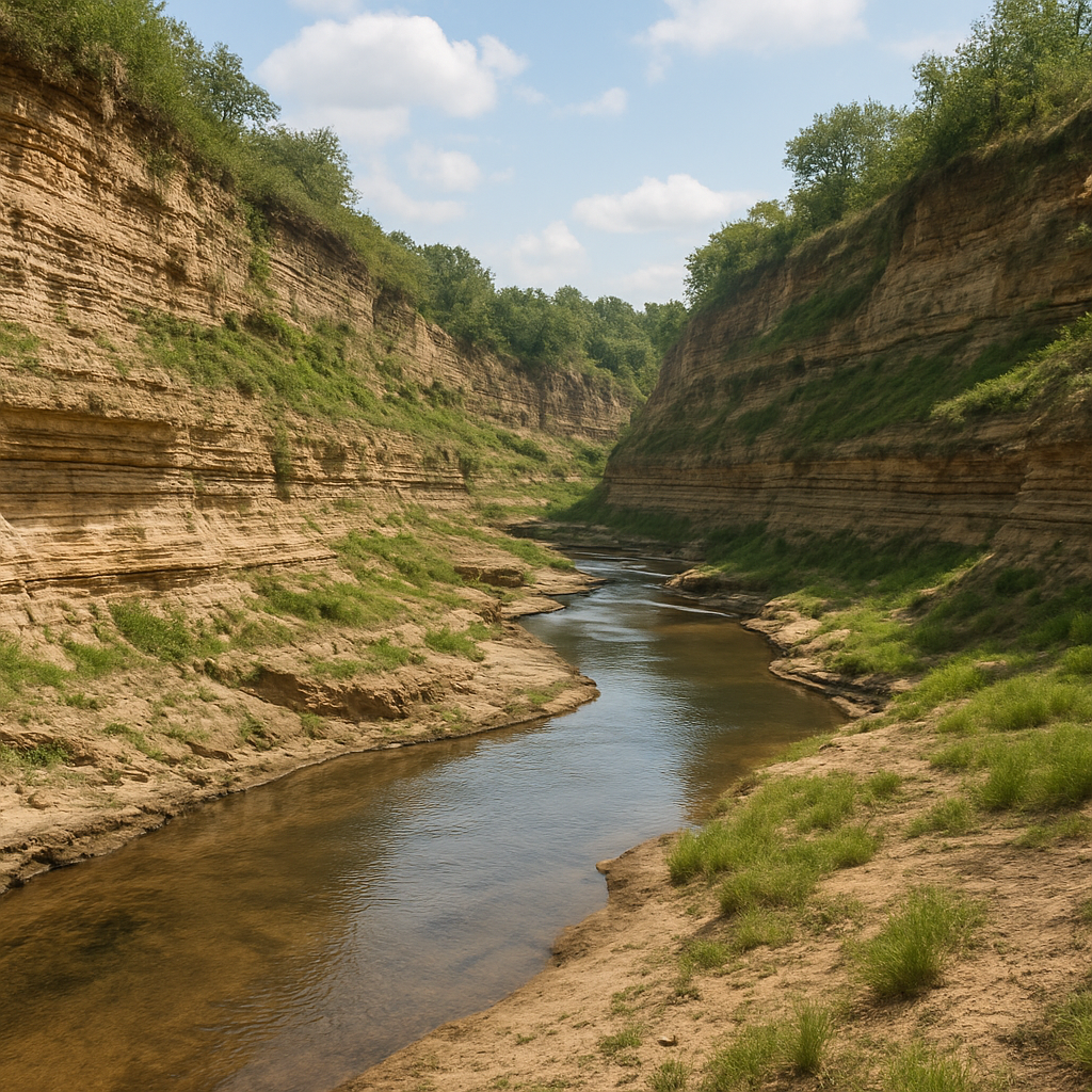 A photorealistic depiction of a natural valley formed by river erosion, showing layered rock walls and a winding watercourse in a Virginia Beach coastal landscape. Alt: River‑cut valley formation process illustration.