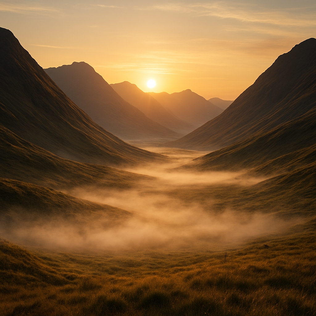 A photorealistic view of a sweeping mountain valley at sunrise, with mist rolling through the low‑lying grass, highlighting the V‑shaped and U‑shaped contours that inspire roof‑valley design. Alt: Scenic valleys inspiring roof‑valley maintenance.