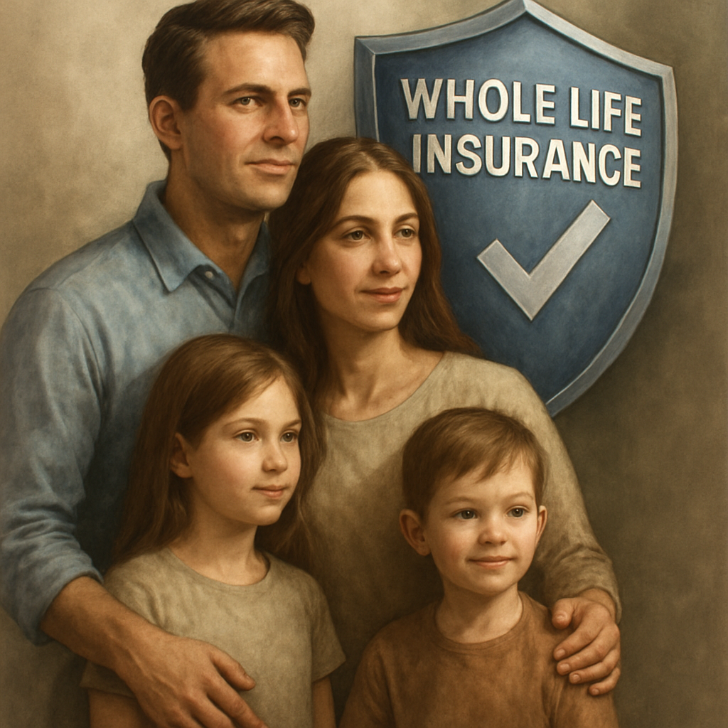Illustration of a family protected by a strong shield symbolizing lifelong financial protection with whole life insurance. Alt: Whole life insurance benefits for families providing lifelong financial protection.