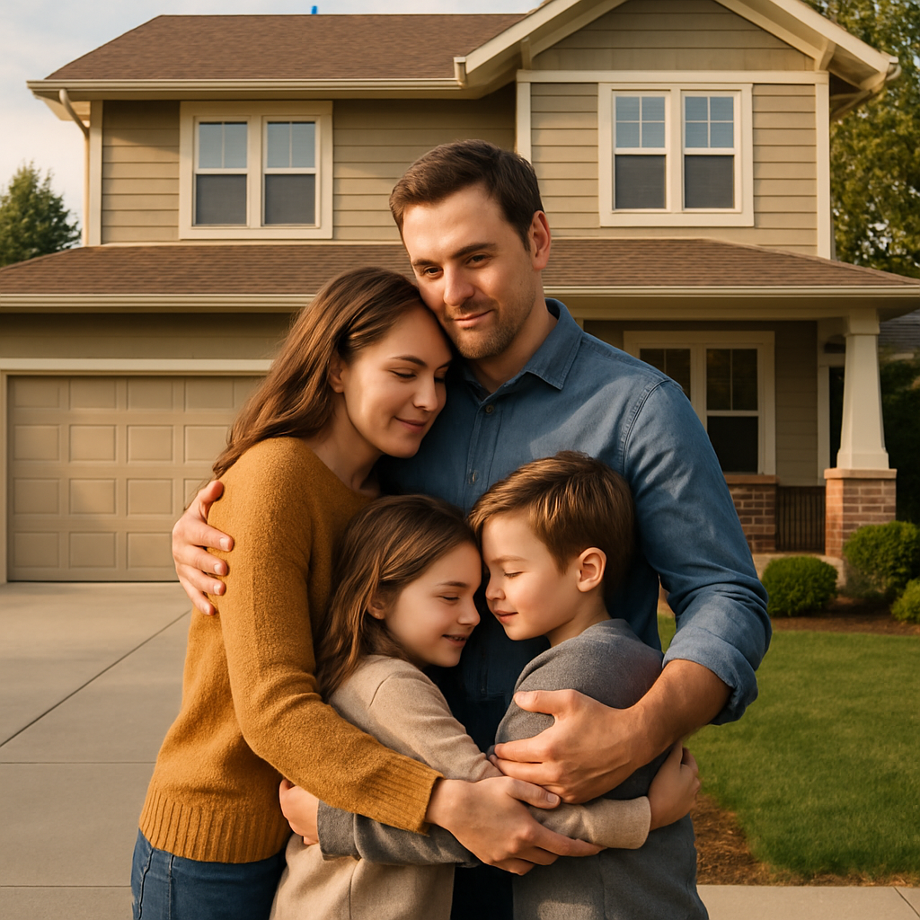 A cozy family home with a family embracing outside, symbolizing protection and stability. Alt: Whole life insurance benefits for families ensuring mortgage protection and family stability.