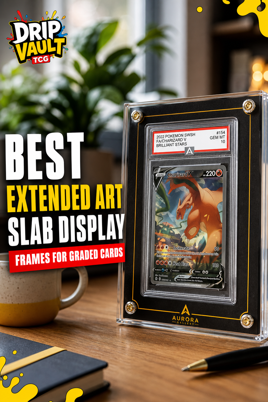 A photorealistic close-up of an Aurora Gallery slab frame on a wooden desk, with a graded Pokémon card inside, soft natural lighting from a nearby window, the frame's acrylic edge catching a subtle reflection, background blurred with a plant and a coffee mug. Alt: Aurora Gallery extended art slab display frame on desk with graded card.