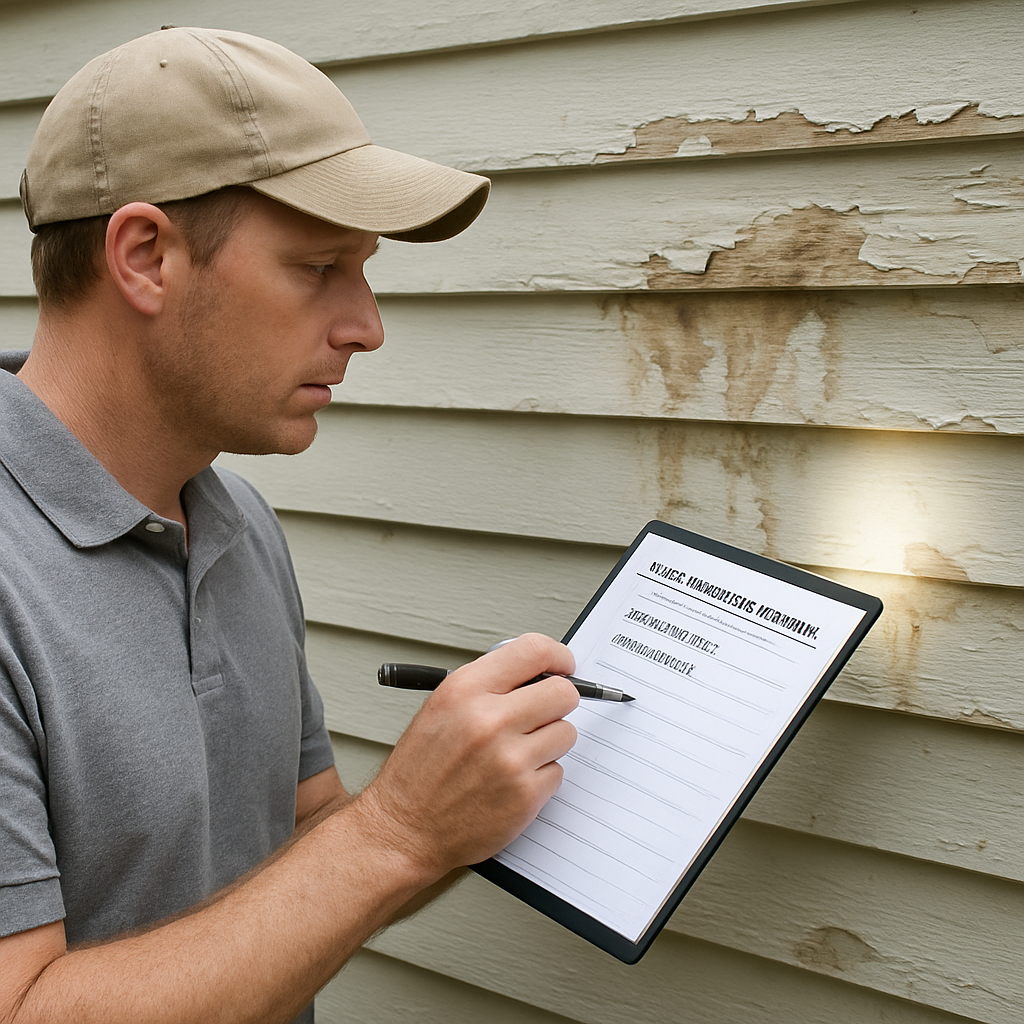 A homeowner inspecting siding with a notebook and flashlight, showing close‑up of peeling paint and water stains on a Virginia Beach house. Alt: Exterior painting Virginia Beach assessment checklist