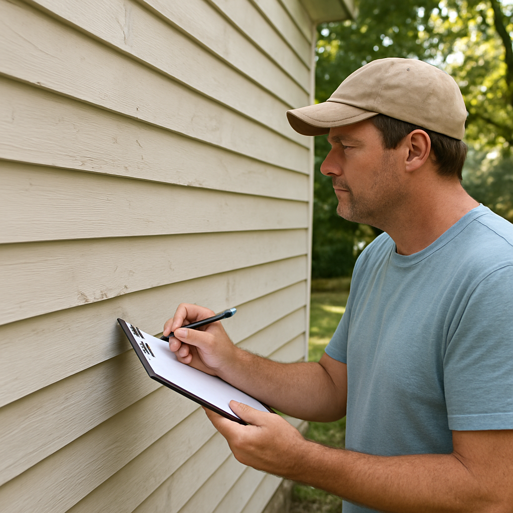 A homeowner in a sun‑shaded yard inspecting the freshly painted siding of a Virginia Beach home with a clipboard, checking for cracks and water spots. Alt: exterior painting virginia beach maintenance inspection guide.