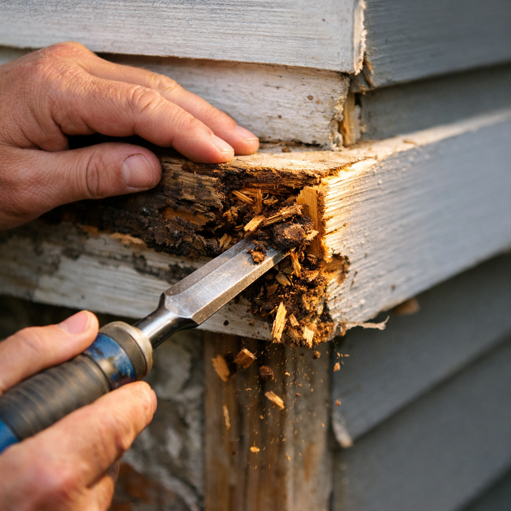 A realistic close‑up of a homeowner using a chisel to remove rotted wood from an exterior trim board, with sunlight highlighting the fresh cut edge. Alt: removing rot from wood trim.