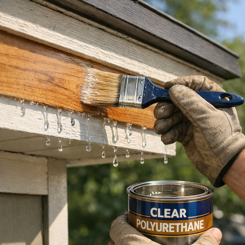 A realistic view of a homeowner applying clear polyurethane sealant to repaired exterior wood trim, with droplets of sealant glistening in the sun. Alt: sealing wood trim for protection.