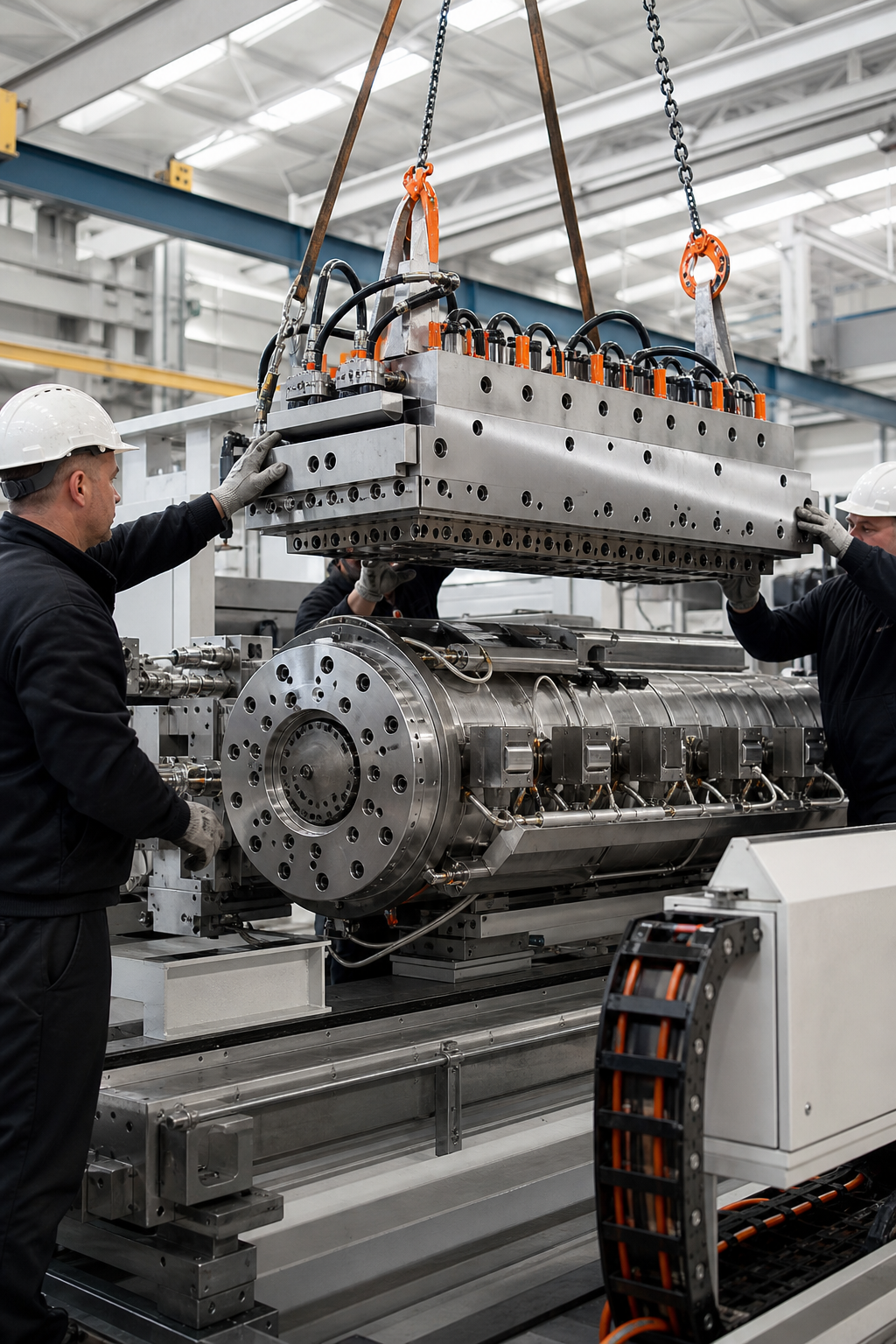 A realistic photo of a modern factory with a Rosendahl RX crosshead being installed on an extrusion line. Alt: Rosendahl RX crosshead on an extrusion line.