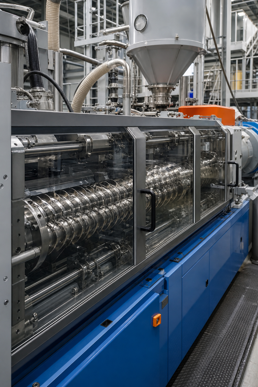 A photorealistic shot of a KraussMaffei twin-screw extruder in a PVC pipe production line, with barrels and screw visible through safety glass. Blue and grey industrial finish. Alt: KraussMaffei counter-rotating twin-screw extruder barrel for PVC processing.