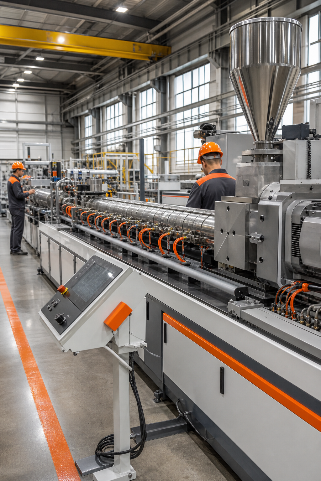 A realistic industrial workshop showing a high‑speed modular extrusion line with twin‑screw extruder and control panels, bright lighting, workers in safety gear, focus on machinery detail.
