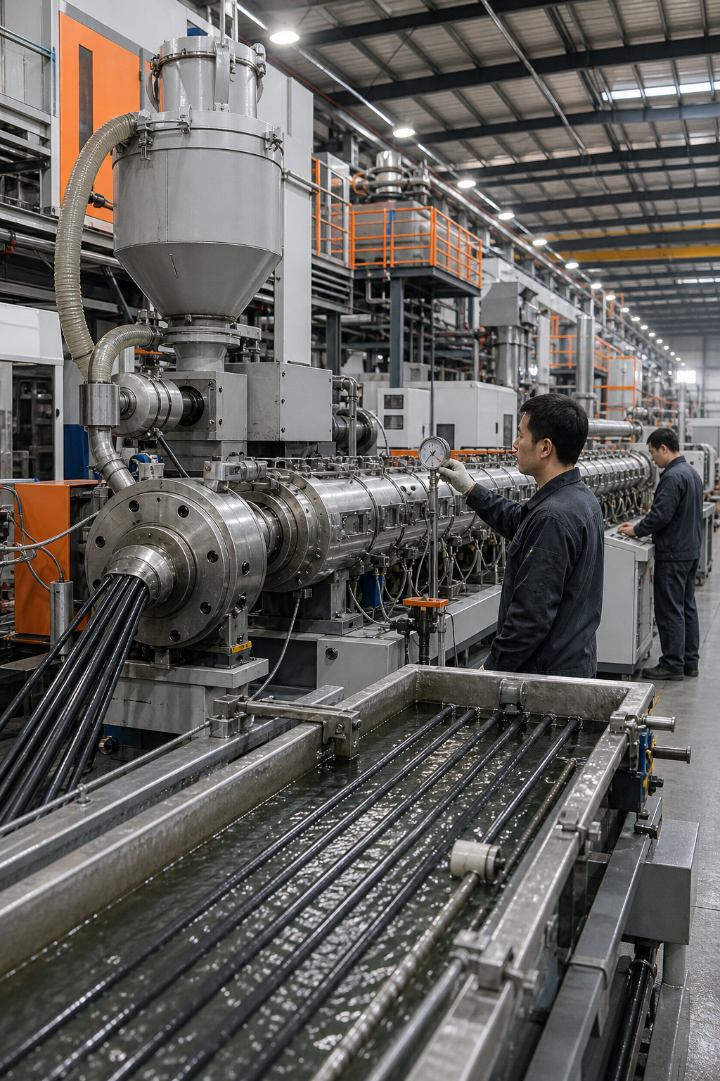 A realistic factory floor with a massive industrial extrusion line, large extruder, cooling troughs, and workers monitoring gauges, industrial lighting, focus on heavy equipment.