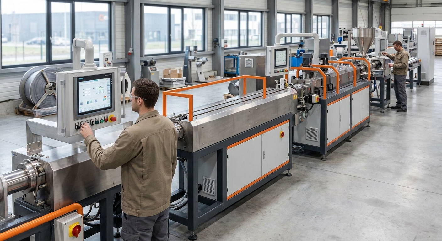 A high‑resolution photo of a European‑style extrusion line with sleek metal machines and engineers reviewing control panels, realistic industrial setting.