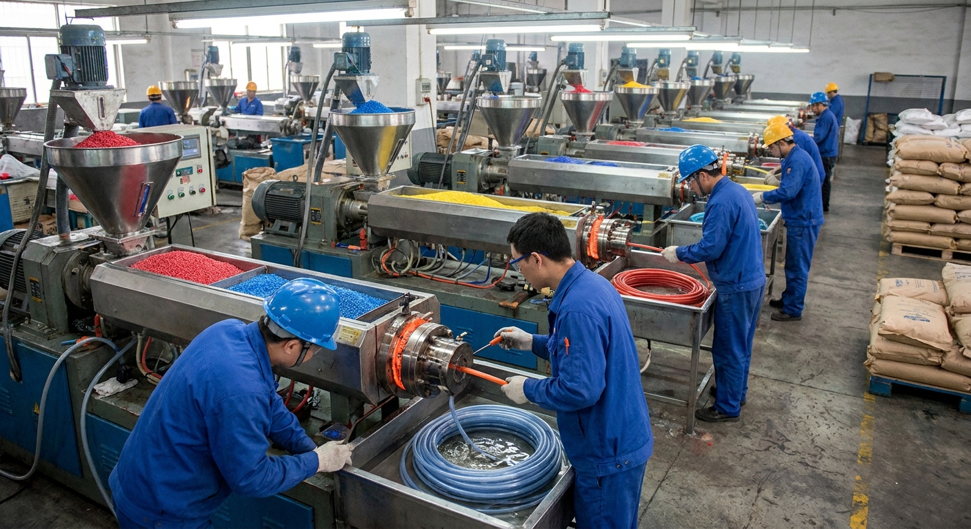 A realistic factory floor in China with extrusion machines processing bright plastic pellets, workers inspecting die heads.