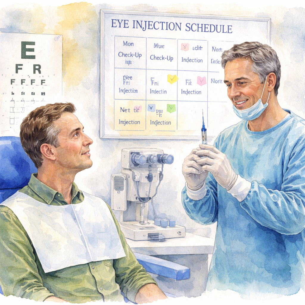 A watercolor painting of a patient sitting in a Sydney eye clinic, a doctor preparing an eye injection with a gentle smile, a calendar on the wall showing weekly check‑up dates. Alt: eye injection schedule after vitrectomy sydney.