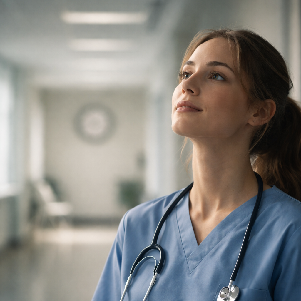 A cinematic style photo of a nurse in a bright hospital corridor glancing at a distant wall clock, eyes relaxed, with soft natural lighting emphasizing calm focus. Alt: nurse practicing 20‑20‑20 eye strain relief exercise
