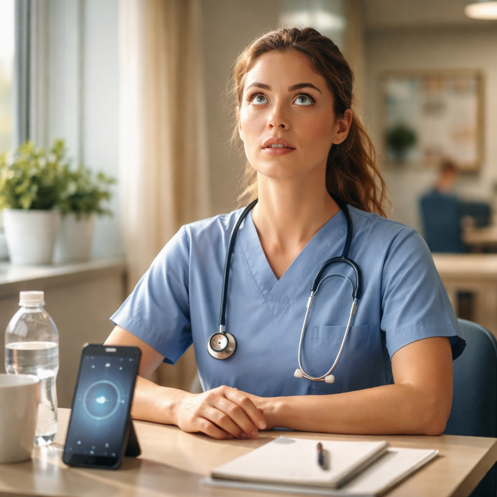 A cinematic, photorealistic scene of a nurse in a bright hospital break room, sitting upright at a small table, performing eye‑rolling and figure‑8 movements while a soft timer glows on her phone. Soft natural light streams through a window, highlighting the focused expression. Alt: Eye rolling and shifting exercises for clinicians.