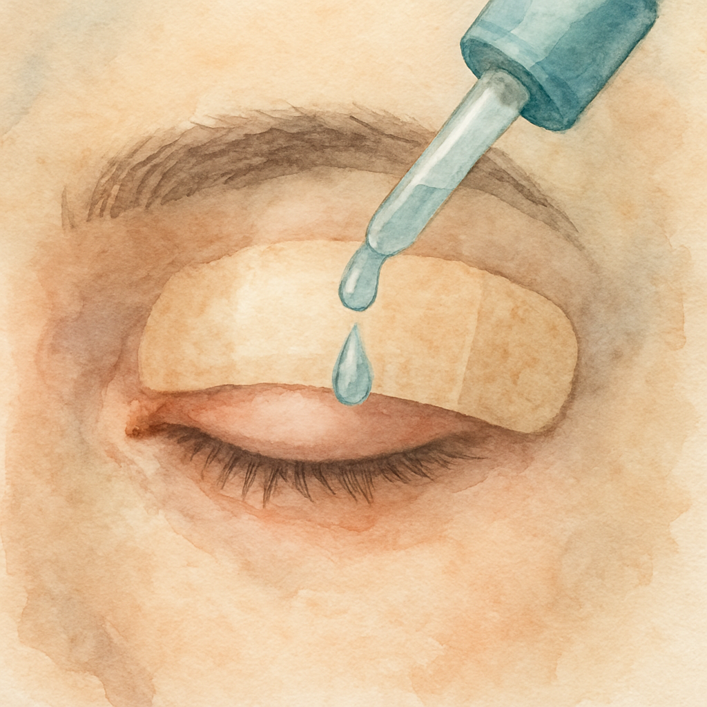 A close‑up of a calm eye with a soft bandage and drops, showing comfort and healing. Alt: eye surgery recovery pain management.
