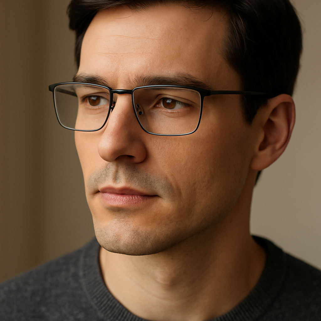 A close‑up of a man with an oval face wearing sleek rectangular eyeglasses, soft natural lighting highlighting his cheekbones and the subtle upward tilt of the frames. Alt: man with oval face wearing rectangular eyeglasses for style and comfort.