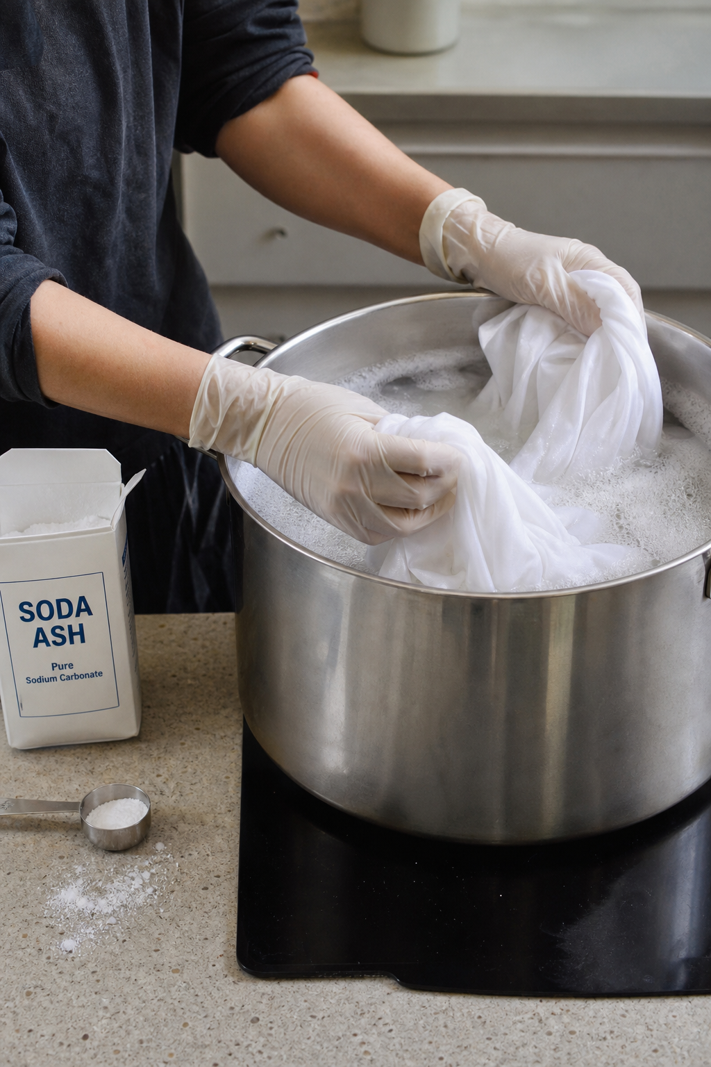 A photorealistic photo of a person wearing gloves, placing a white cotton fabric into a large stainless steel pot filled with soapy water, with soda ash and a measuring spoon on the counter nearby. Alt: Preparing fabric for dyeing by scouring in a pot with detergent and soda ash.