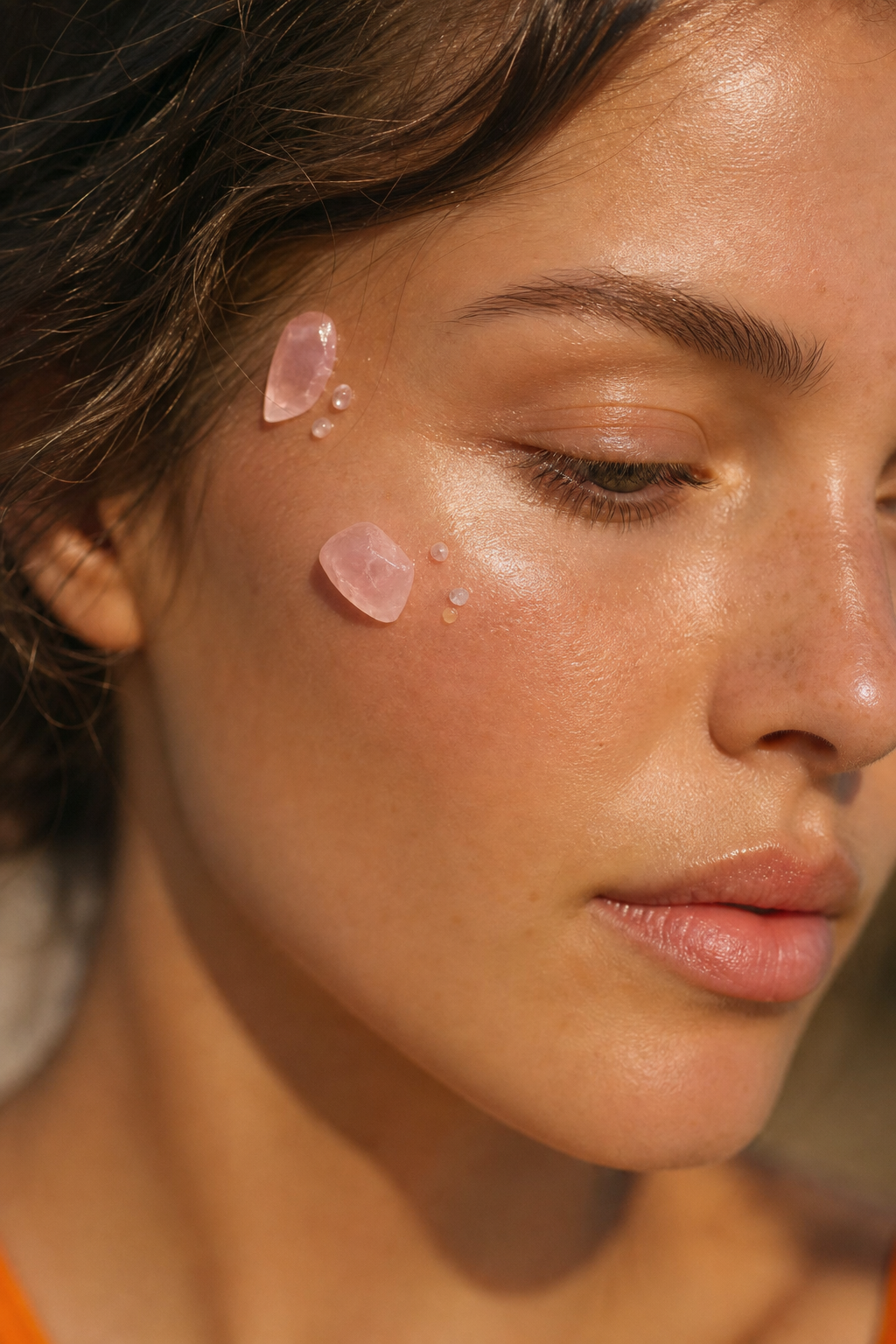 A photorealistic close-up of a woman's face with rose quartz crystals delicately placed near her temple and cheekbone, warm sunlight streaming in, soft focus. Alt: Rose quartz face gem on skin for crystal healing adornment