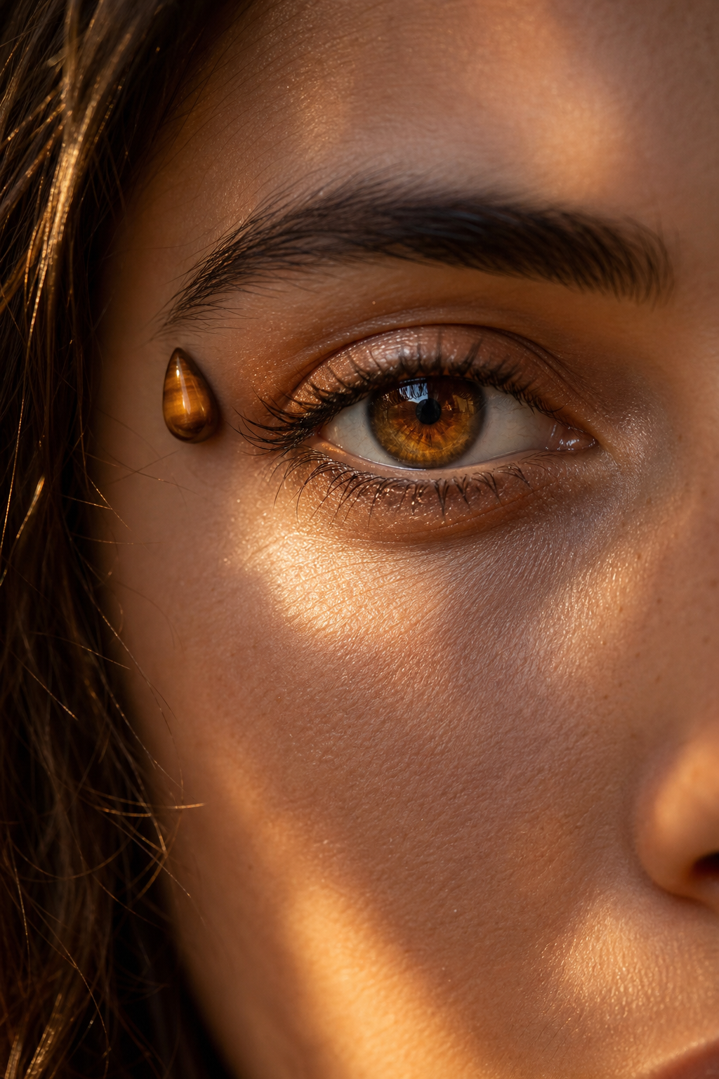 A close-up of a woman's eye with a tiger eye crystal placed at the outer corner, warm golden lighting, natural makeup. Alt: Tiger eye face gem for grounding and protection