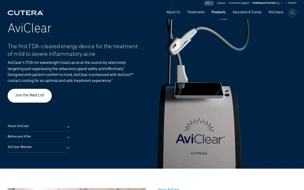 Screenshot of the AviClear by Cutera website