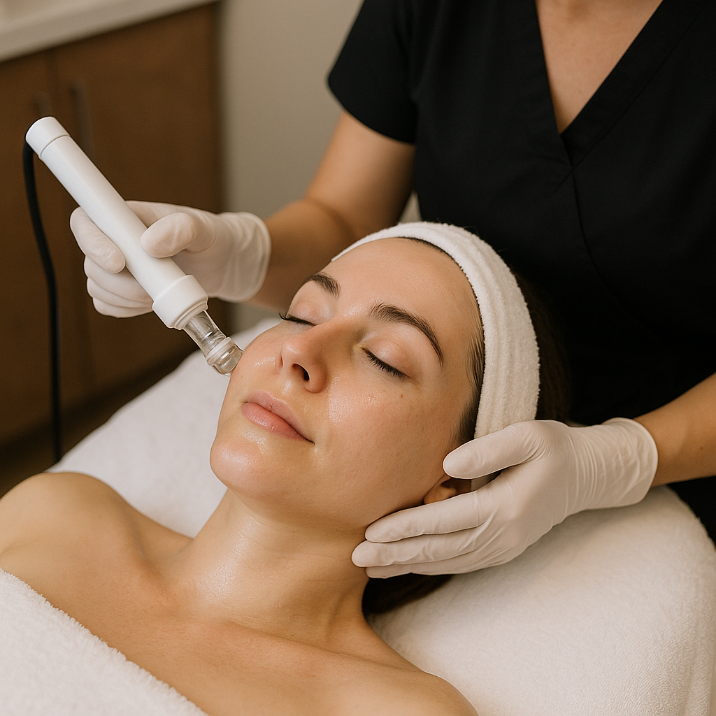 A professional medspa facial treatment in progress, emphasizing skin hydration and relaxation. Alt: Facial in Barrie medspa skincare session for younger-looking skin.
