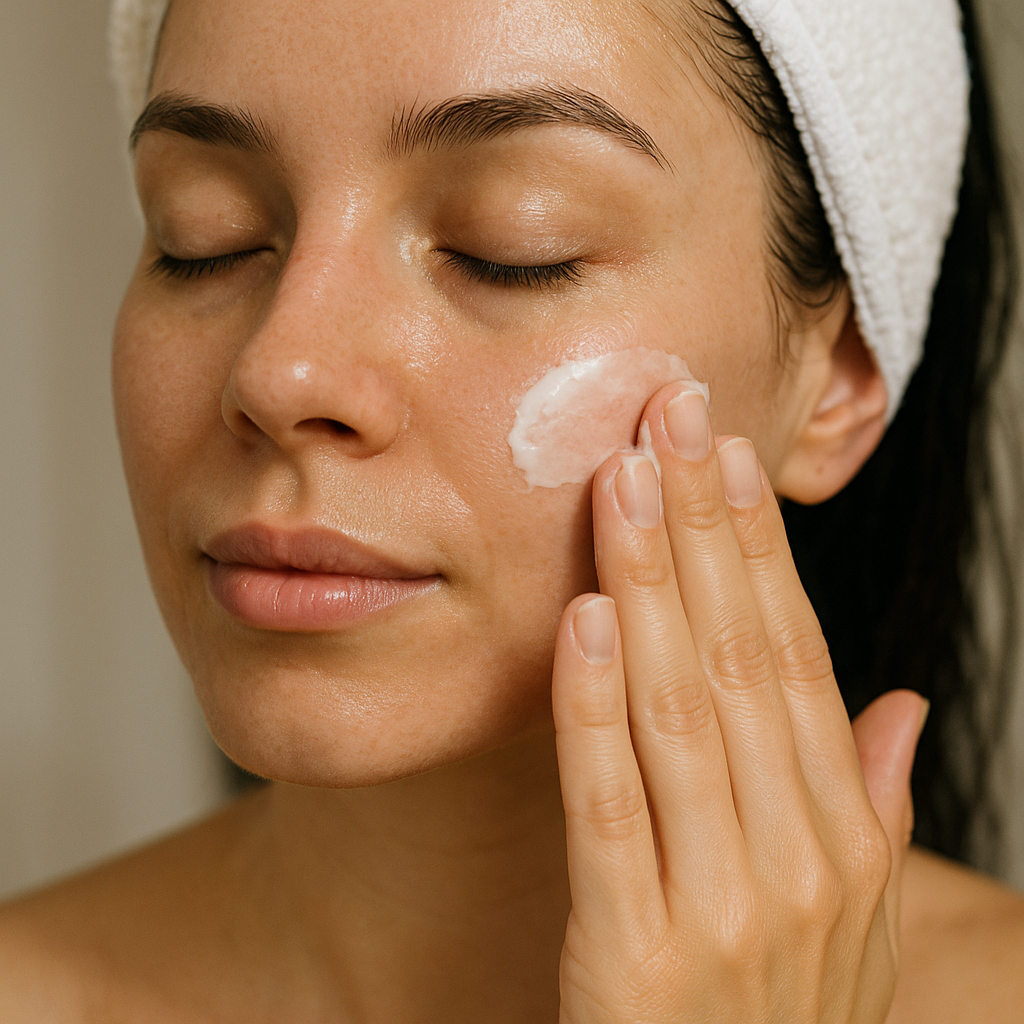 Close-up of a woman applying nourishing moisturizer after a facial treatment, highlighting skin hydration in Barrie. Alt: Facial in Barrie skincare maintenance for youthful skin.