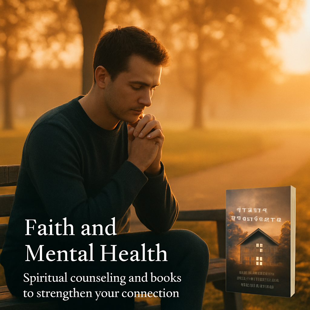 A serene person praying on a park bench, soft sunrise light, representing the link between faith and mental health. Alt: faith and mental health connection image.