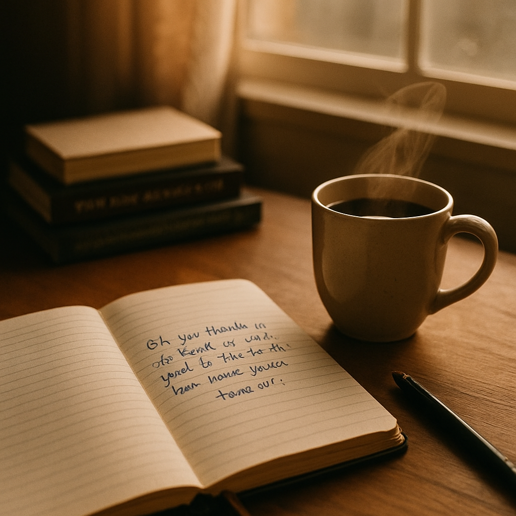 A cozy desk with an open journal, a handwritten Bible verse highlighted in blue ink, a steaming mug of tea, and soft morning light streaming through a window. Alt: Scriptural journaling for mental health