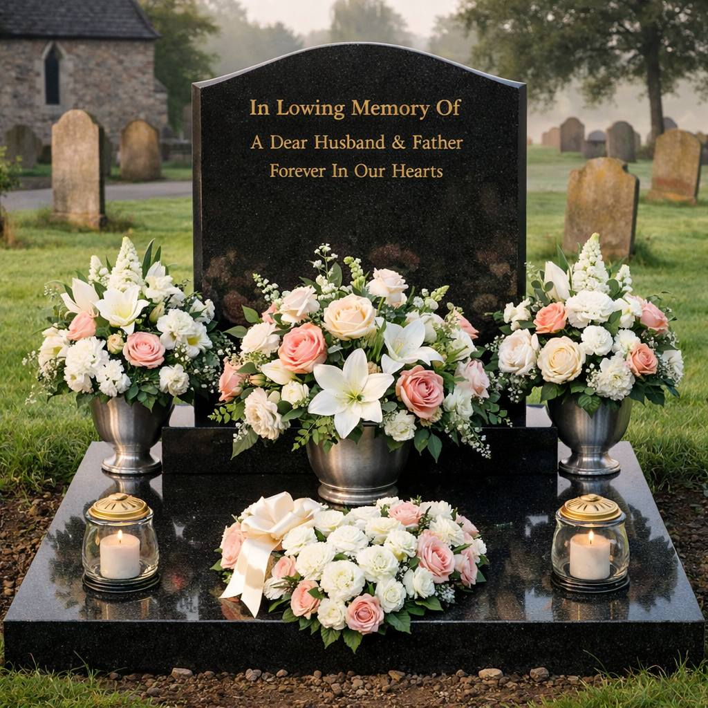 A photorealistic scene of a serene UK grave with elegant silk flower arrangements, soft morning light, subtle shadows, alt: fake flowers for graves elegant tribute