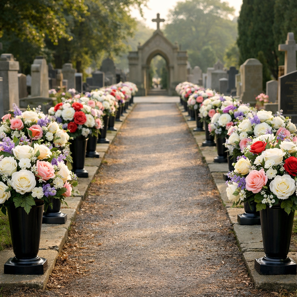 An elegant UK cemetery aisle lined with uniform silk flower bouquets in vase stands, soft afternoon light, alt: bulk artificial grave flowers