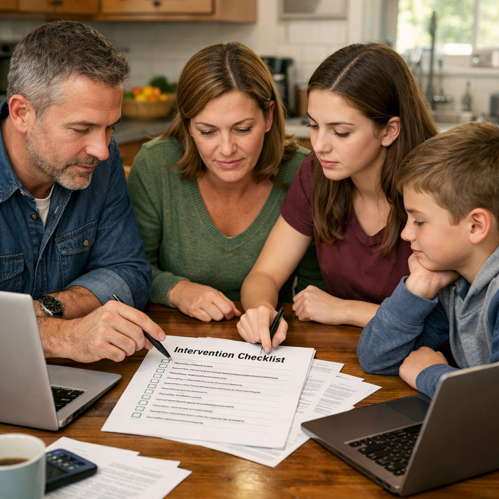 A realistic scene of a family gathered around a kitchen table, papers and laptops open, everyone focused on a shared checklist. Alt: family planning intervention checklist together