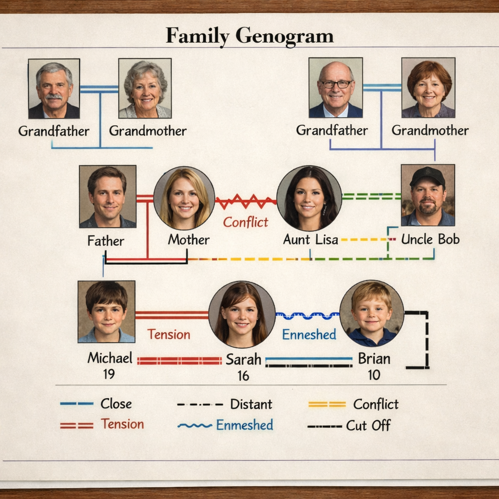 A realistic illustration of a family genogram with colored lines showing connections and stress points. Alt: family dynamics diagram for intervention