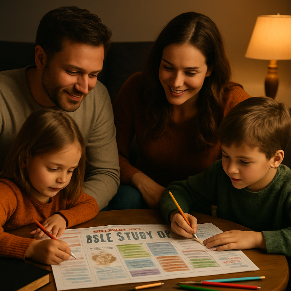 A warm family gathered around a coffee table, colorful printable Bible study guide spread out, children drawing in the margins, soft lamp light creating a cozy atmosphere. Alt: family bible study guide pdf printable in use