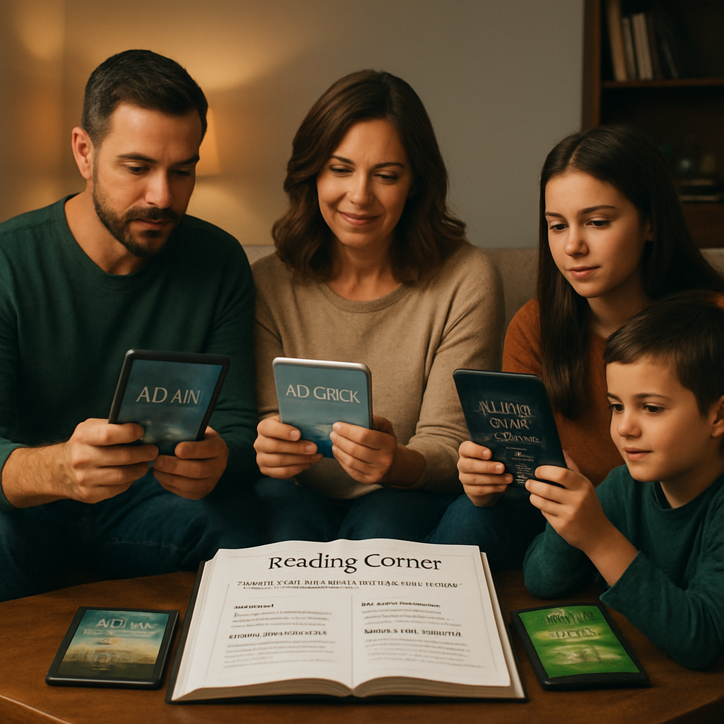 A family gathered around a coffee table, each person holding a different e‑book while a printable Bible study guide lies open, showing a “Reading Corner” section. Alt: family bible study guide pdf printable with recommended books and resources.
