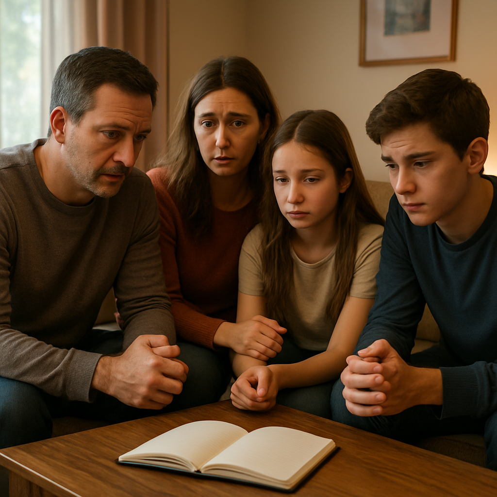 A warm living room scene where a family sits together, looking concerned but hopeful, with a notebook open on the coffee table. Alt: family crisis intervention signs and triggers illustration.