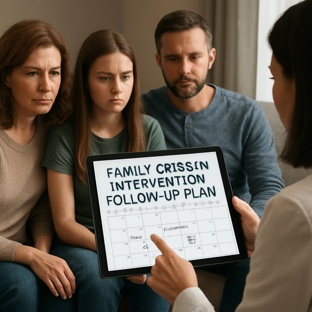 A living room scene of a family planning calendar together with a clinician on a tablet, showing dates and contact names. Alt: family crisis intervention follow-up plan on a calendar with support contacts.