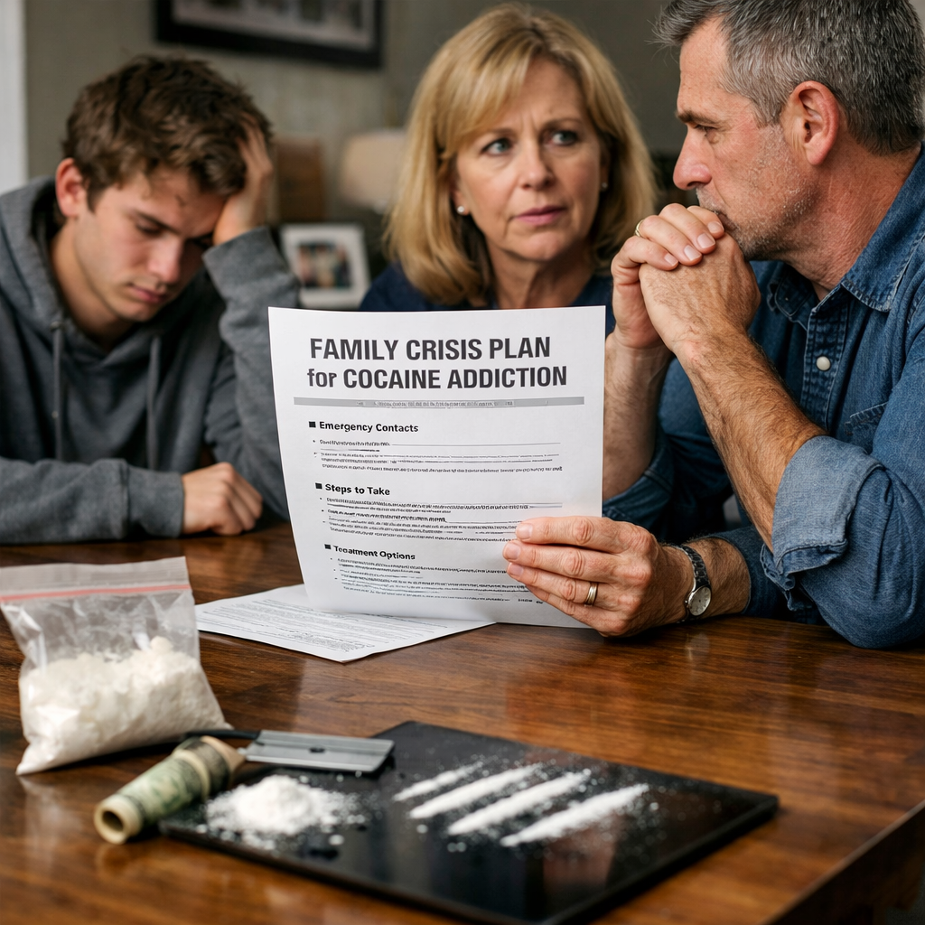 A photorealistic image related to family-crisis-plan-for-cocaine-addiction. Alt: family-crisis-plan-for-cocaine-addiction