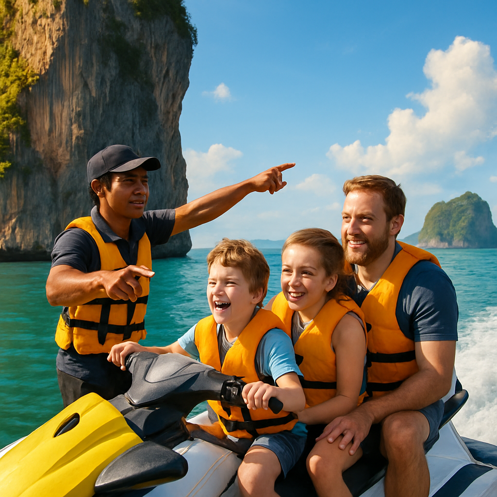 A bright, sunny scene of a family on a jet ski near a limestone cliff, with children laughing and a guide pointing to a nearby island. Alt: family friendly jet ski tour Phuket scenic adventure