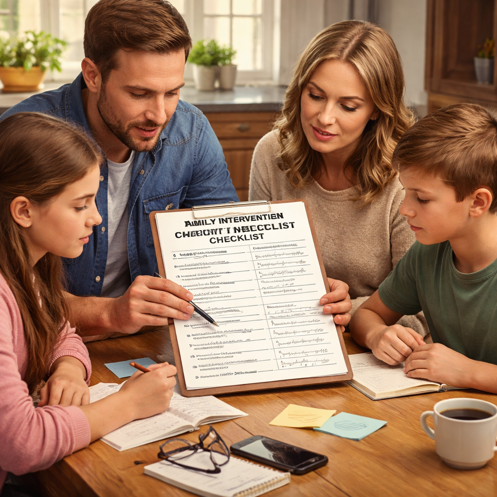 Family Intervention Checklist Template: Step‑by‑Step Guide for 2026 1 A photorealistic scene of a family sitting around a kitchen table reviewing a printed family intervention checklist template, with notes and dates visible. Alt: family intervention checklist template illustration.
