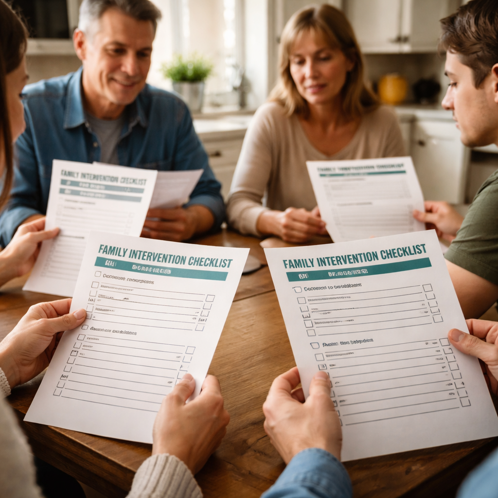 Family Intervention Checklist Template: Step‑by‑Step Guide for 2026 2 A realistic photo of a family sitting around a kitchen table, each person holding a printed family intervention checklist template, soft natural lighting, focus on the checklist papers. Alt: family intervention checklist template being used during an intervention meeting.