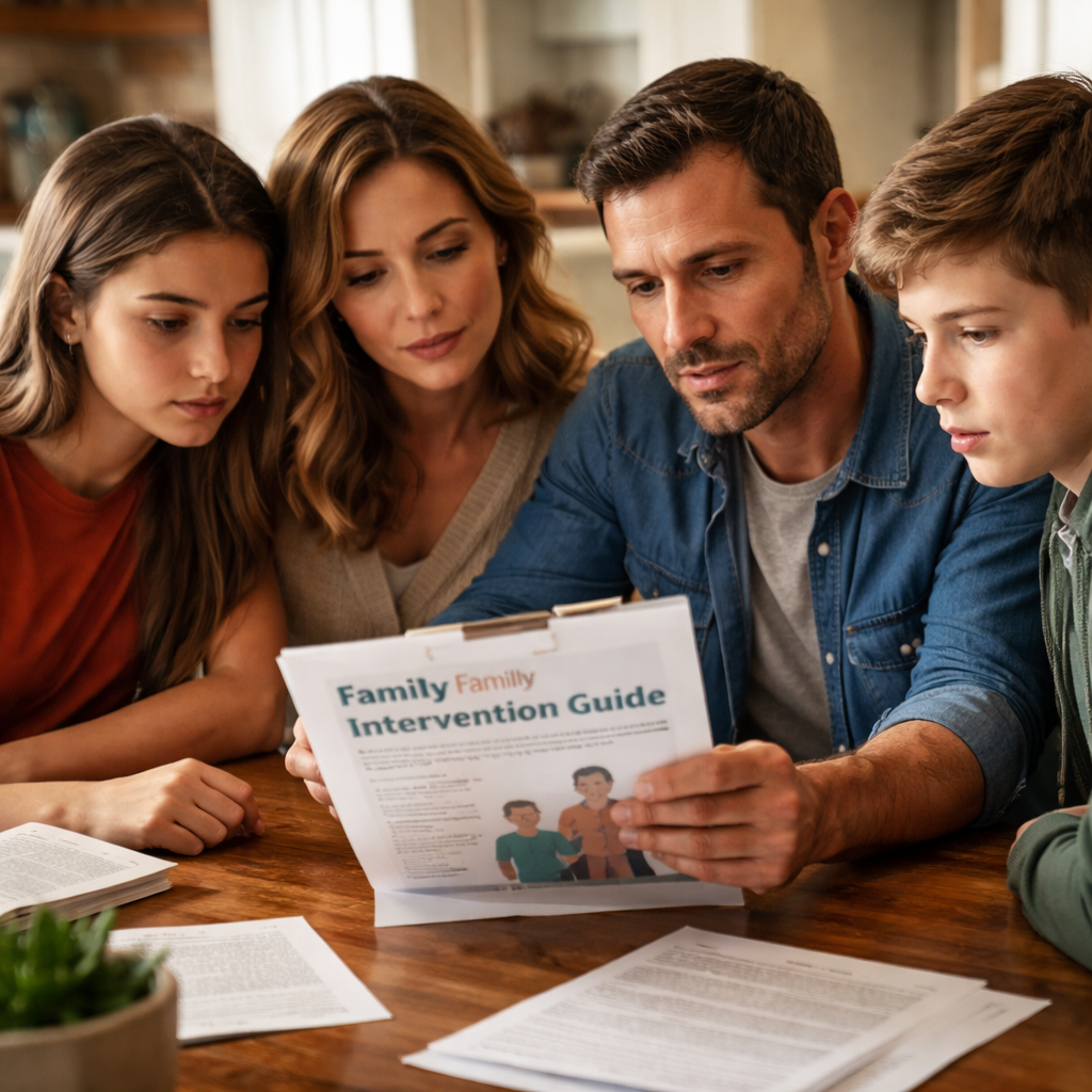 Family Intervention Guide PDF: A Step‑by‑Step How‑To for 2026 1 A photorealistic scene of a family gathered at a kitchen table reviewing a printed family intervention guide pdf, natural lighting, concerned yet hopeful expressions. Alt: Family reviewing intervention guide pdf