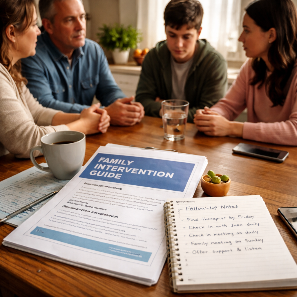 Family Intervention Guide PDF: A Step‑by‑Step How‑To for 2026 2 A photorealistic scene of a family gathered around a kitchen table, a printed family intervention guide pdf open, notes written in a notebook, soft natural lighting. Alt: Family intervention guide pdf with handwritten follow‑up notes on a table.
