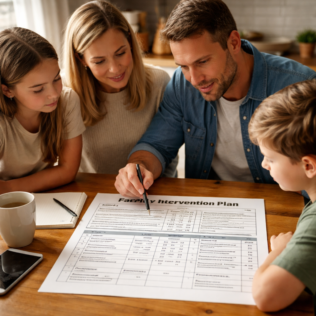 A photorealistic scene of a family gathered around a kitchen table, looking at a printed family intervention plan template pdf with dates and notes. Soft natural lighting, realistic textures. Alt: family intervention plan template pdf assessment.