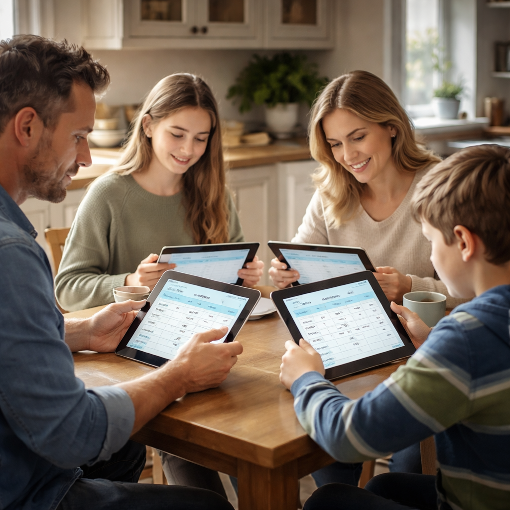 A photorealistic scene of a family sitting around a kitchen table, each person holding a tablet or notebook, a spreadsheet open on the screen showing columns for date, action, who, and status. Soft natural lighting, calm atmosphere, realistic style.