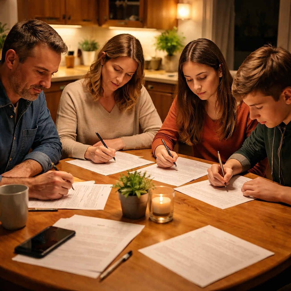 A photorealistic scene of a family sitting around a kitchen table with papers and pens, each person writing notes, warm lighting, realistic expressions, showing a calm but focused atmosphere. Alt: family intervention program assessment worksheet in a home setting.