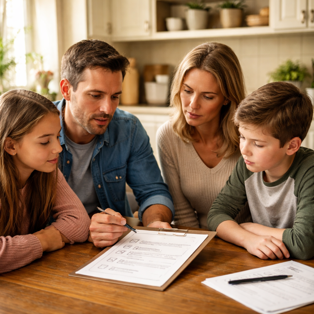 A photorealistic scene of a family sitting around a kitchen table, reviewing a simple checklist together, warm natural lighting, realistic expressions. Alt: family intervention program planning moment