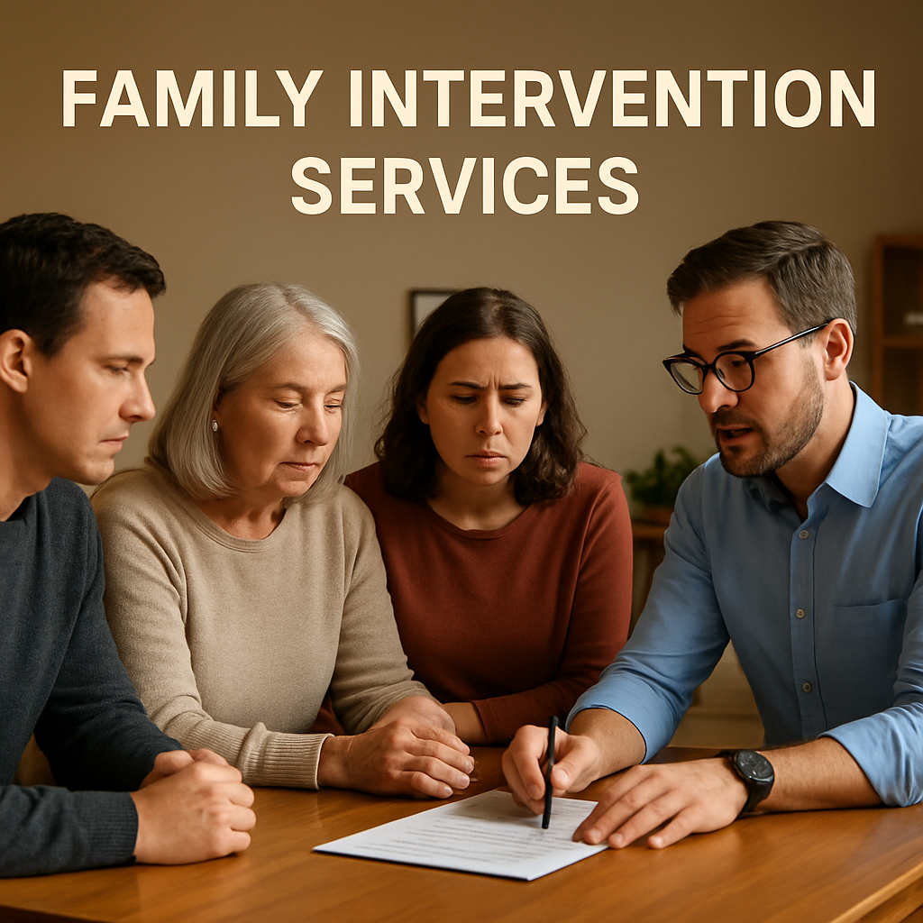 A warm, supportive family meeting with a professional interventionist, showing collaborative planning. Alt: family intervention services planning session