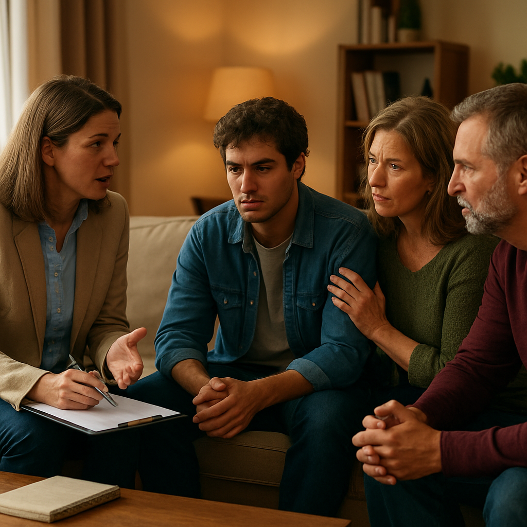 A warm living room scene with a small group of family members and a professional interventionist sitting together, discussing a plan. Alt: family intervention services planning meeting in a comfortable home setting.