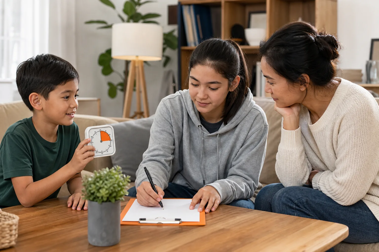children taking roles in a family meeting